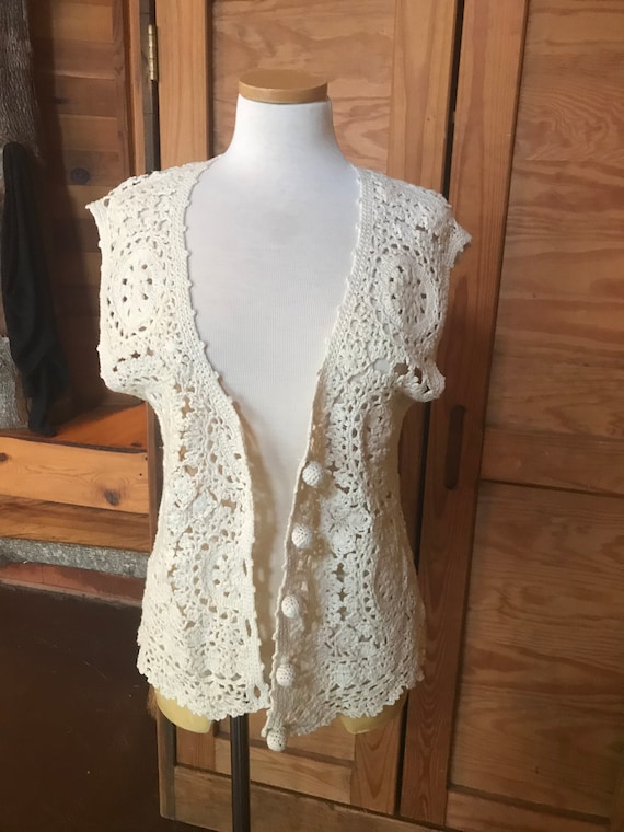 Vintage 1970s Crocheted Vest with Bauble Buttons - image 1