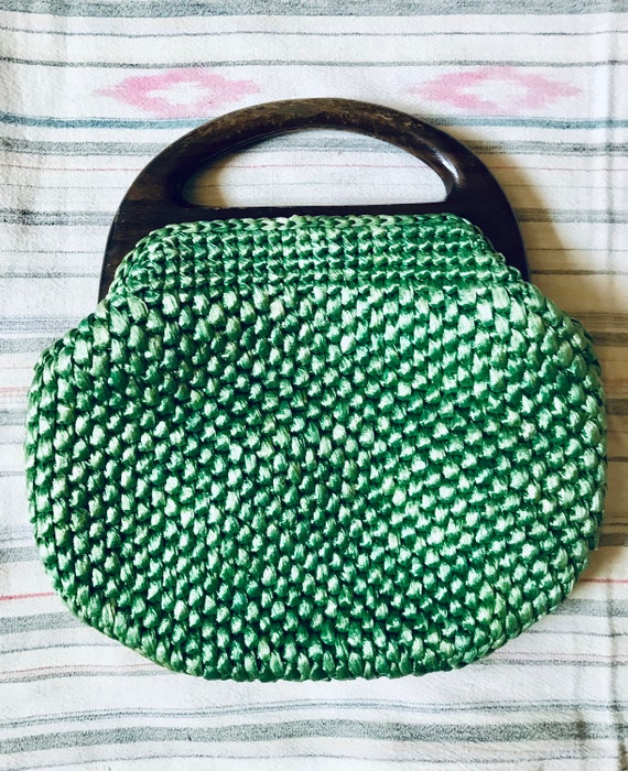 Vintage 1960s Woven Green Raffia Bag