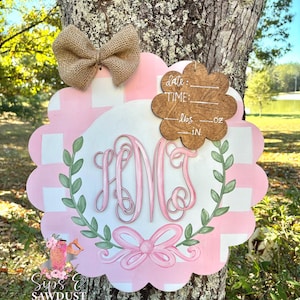 Baby Girl Hospital Door Hanger, Monogram Door Hanger, pink scallop, birth sign