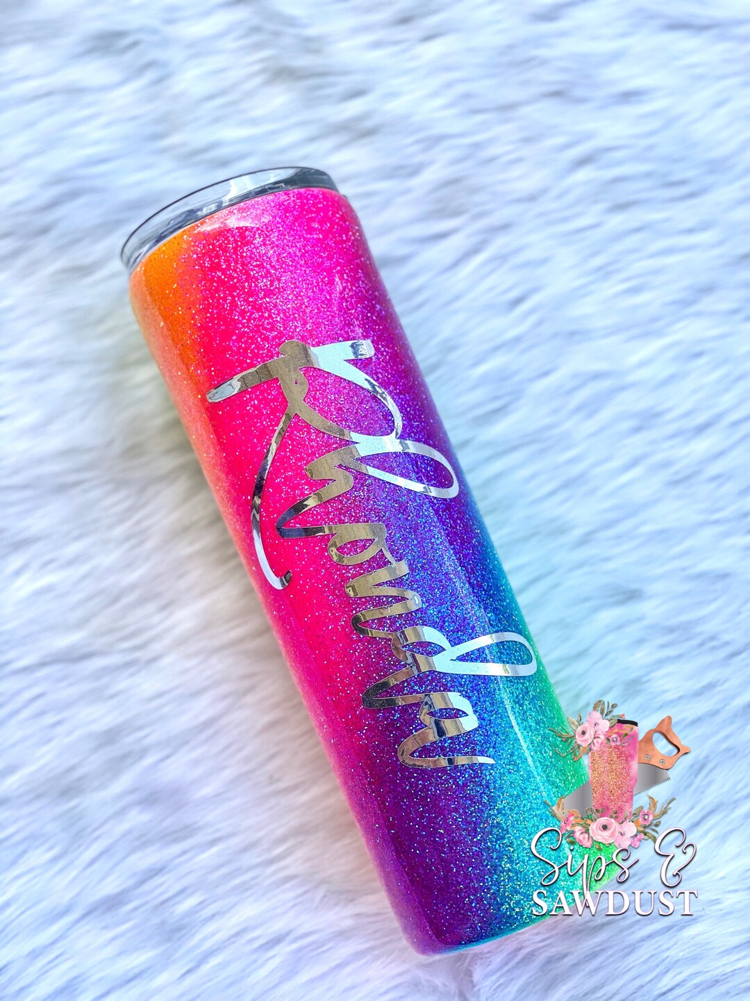 Rainbow Swirl Glitter Tumbler, Personalized Glitter Tumbler, Neon