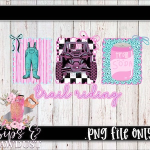 Puede incluir: Dise&ntilde;o digital con un gr&aacute;fico de mono de trabajo turquesa, un veh&iacute;culo todoterreno negro y morado y una lata de refresco rosa con el texto "Trail Soda". Las palabras "trail riding" est&aacute;n en escritura rosa. Tambi&eacute;n est&aacute; presente la frase "PNG file ONLY".