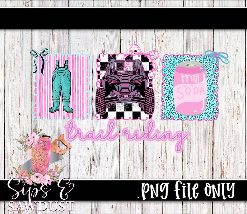 Puede incluir: Dise&ntilde;o digital con un gr&aacute;fico de mono de trabajo turquesa, un veh&iacute;culo todoterreno negro y morado y una lata de refresco rosa con el texto "Trail Soda". Las palabras "trail riding" est&aacute;n en escritura rosa. Tambi&eacute;n est&aacute; presente la frase "PNG file ONLY".
