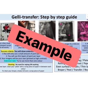 May include: An instructional guide titled Gelli-transfer: Step by step guide, featuring five photographic panels demonstrating the process. The document includes text instructions, success criteria, cleaning tips, and a list of materials like acrylic paint and brayer.