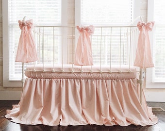 Pink Ruffle Crib Bedding Set, Ruffled Crib Skirt, Baby Girl Crib Sheet, Pink Crib Bows, Girl Baby Bedding, Girl Nursery Bedding Set