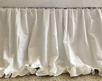 White Ruffled Twin Bed Skirt, Long Bed Skirt, Ruffled Twin Bedding, Twin Dust Ruffle, Shabby Chic Twin Bedding, White Twin Bedding