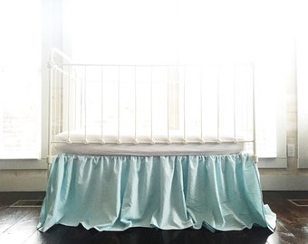 Farmhouse Crib Skirt Girl Boy, Crib Dust Ruffle, Baby Bed Skirt, Aqua Nursery Crib Bedding