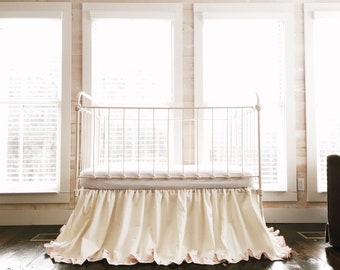Handmade Ruffled Crib Skirt: Ivory & Baby Pink Cotton Bedding
