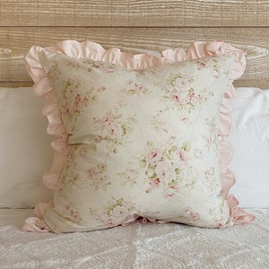 Shabby Chic Floral Ruffle Pillow Sham, Euro Pillow Cover, Pink Ruffled Pillowcase
