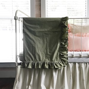 Sage Ruffled Baby Blanket: Handmade Cotton Crib Bedding