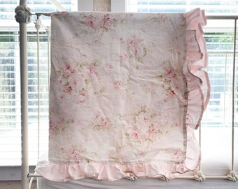 Shabby Chic Floral Ruffle Crib Blanket, Girl Baby Blanket, Pink Ruffled Crib Comforter, Girl Nursery Bedding, Girl Baby Shower Gift