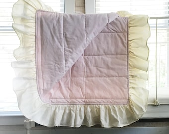 Handmade Ruffled Baby Girl Quilt: Pink & Ivory Crib Comforter