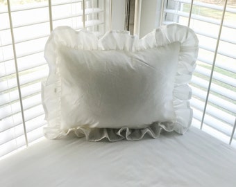 White Ruffled Baby Bed Crib Pillow, Toddler Pillow, White Nursery Bedding, Neutral Nursery Decor