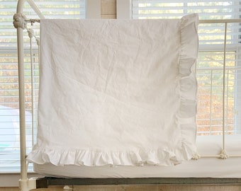 Handmade White Ruffled Crib Blanket: 100% Washed Cotton Baby Bedding