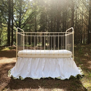 Woodland Forest Ruffled Crib Skirt for Boy or Girl, White and Sage Nursery Bedding, Crib Dust Ruffle