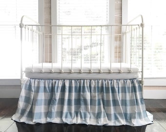 Blue Buffalo Check Crib Skirt, Farmhouse Crib Skirt, Boy Crib Skirt, Rustic Crib Skirt, Boy Nursery Bedding, Baby Boy Bedding, Blue Gingham