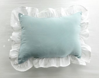 Mist and White Ruffled Crib Pillow, Baby Bed Pillow, Toddler Pillow, Nursery Bedding, Baby Shower Gift