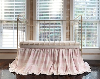 Pink Buffalo Check Ruffled Crib Skirt, Baby Girl Bed Skirt, Plaid Nursery Bedding