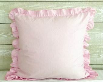 Pink Shabby Chic Euro Sham, 26x26 Euro Sham, Ruffled Pillow Cover, Farmhouse Bedroom Decor