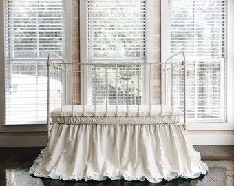 Ivory and Mist Ruffled Crib Skirt, Boy or Girl Crib Skirt, Baby Bed Skirt, Neutral Baby Nursery Bedding