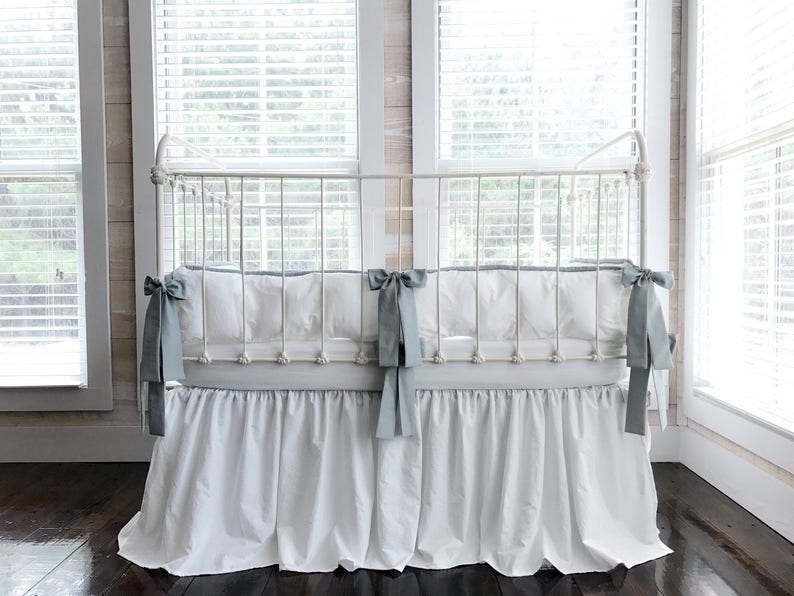 White And Gray Farmhouse Crib Bedding Set White Crib Skirt Etsy