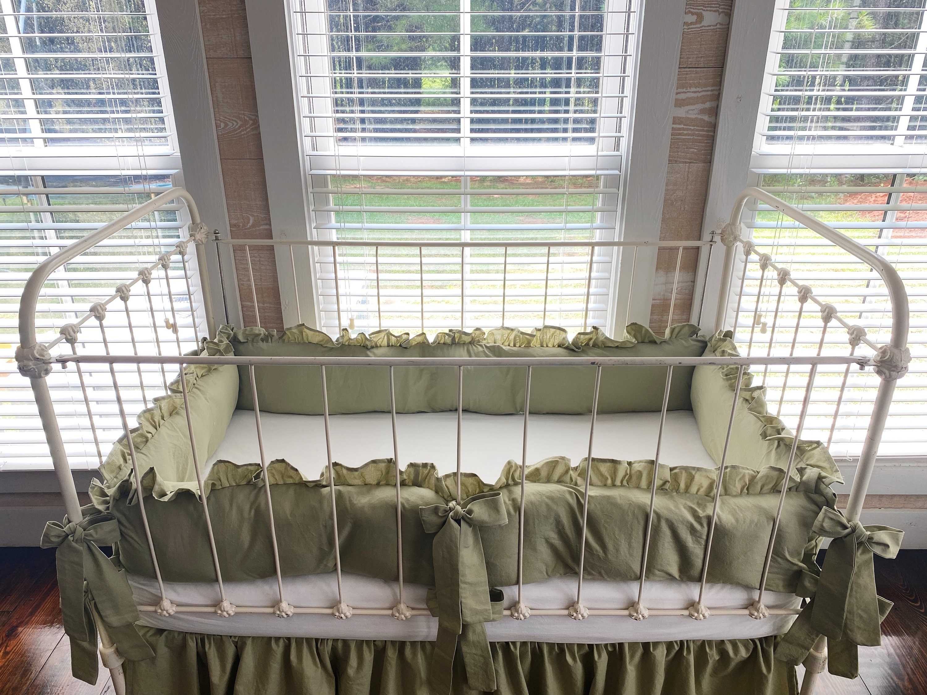 Sage Green Farmhouse Ruffled Crib Bumpers Sage Crib Bedding Etsy