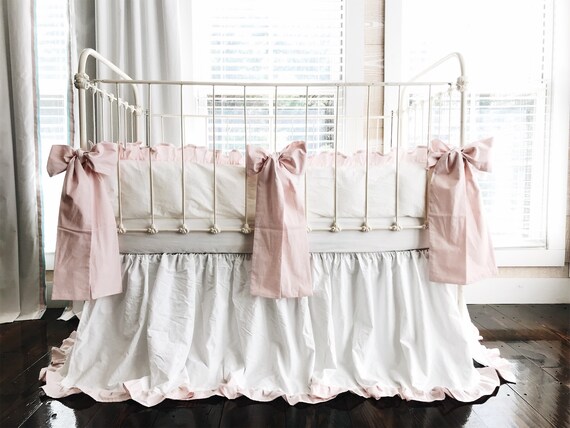 White And Baby Pink Ruffled Crib Bedding Set Large Crib Etsy