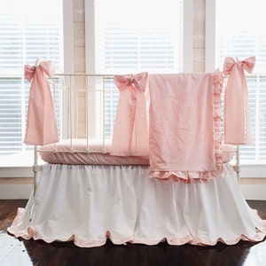 Handmade Baby Girl Crib Bedding Set: Pink Ruffle Blanket, Skirt & Bows