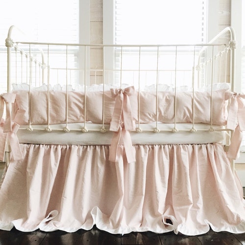 White Linen Crib Bedding Gathered Skirt With Ruffle Etsy