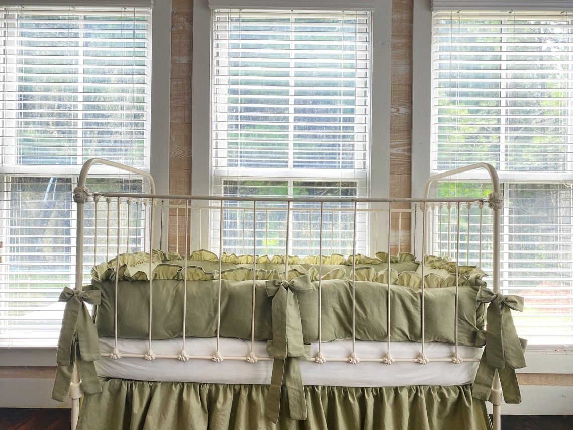 Sage Green Farmhouse Ruffled Crib Bumpers Sage Crib Bedding Etsy