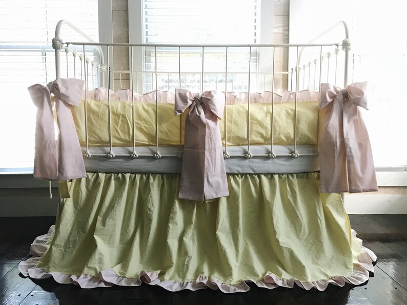 Yellow And Pink Crib Bedding Ruffled Crib Skirt Crib Bumper Etsy