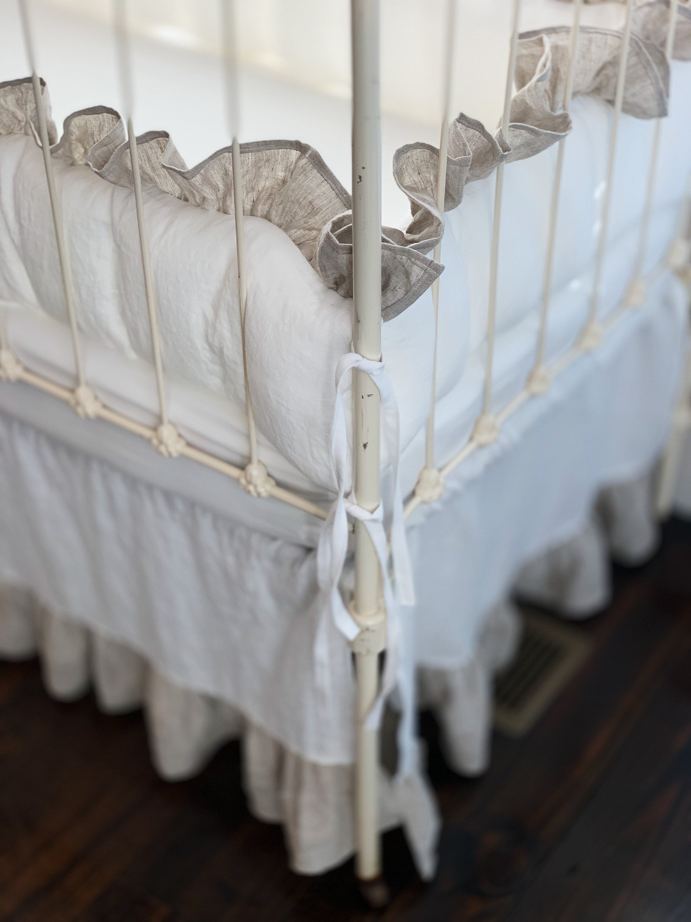 Linen Baby Bedding Set in White and Oatmeal Ruffled Linen Etsy