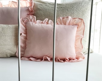 Girl Crib Pillow for Baby Bed, Pink Ruffled Nursery Bedding, Baby Shower Gift