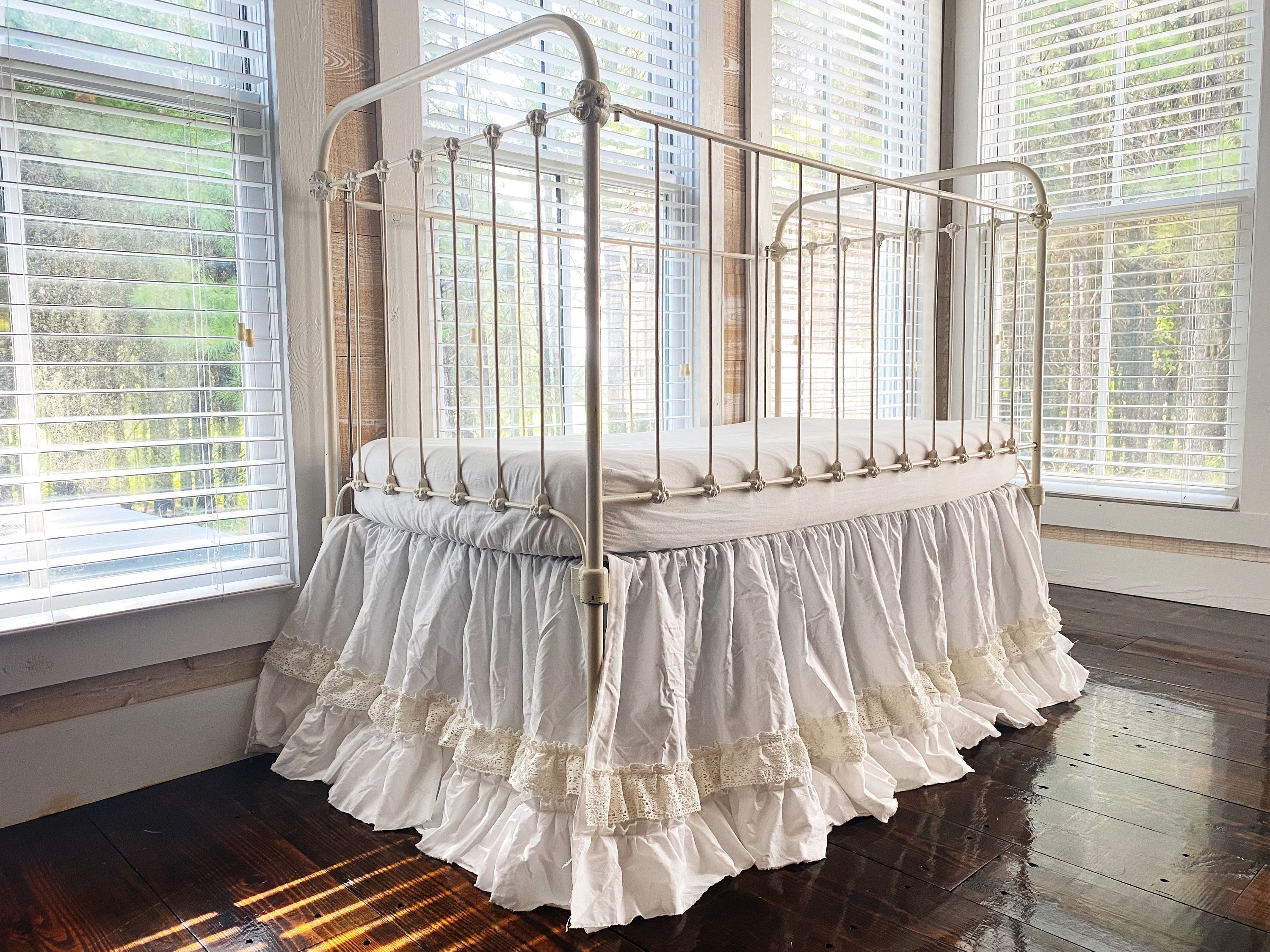White Lace Ruffled Crib Skirt, Baby Bedskirt for Girl or Boy, Luxury