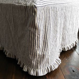 Pu&ograve; includere: Un pouf rettangolare rivestito in tessuto a righe verticali blu navy e bianco sporco. Il bordo inferiore &egrave; rifinito con un bordo a balze. Il pouf poggia su un pavimento in legno scuro.