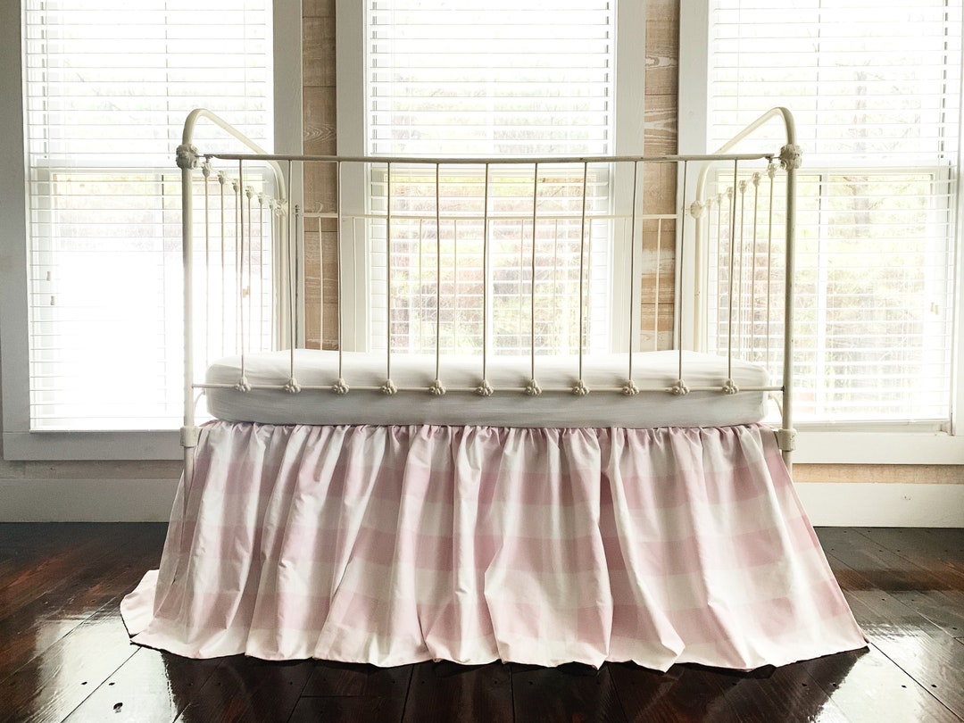 Pink Buffalo Check Farmhouse Crib Skirt, Plaid Baby Girl Crib Bed Skirt