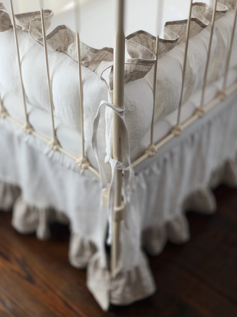 Linen Baby Bedding Set in White and Oatmeal Ruffled Linen Etsy
