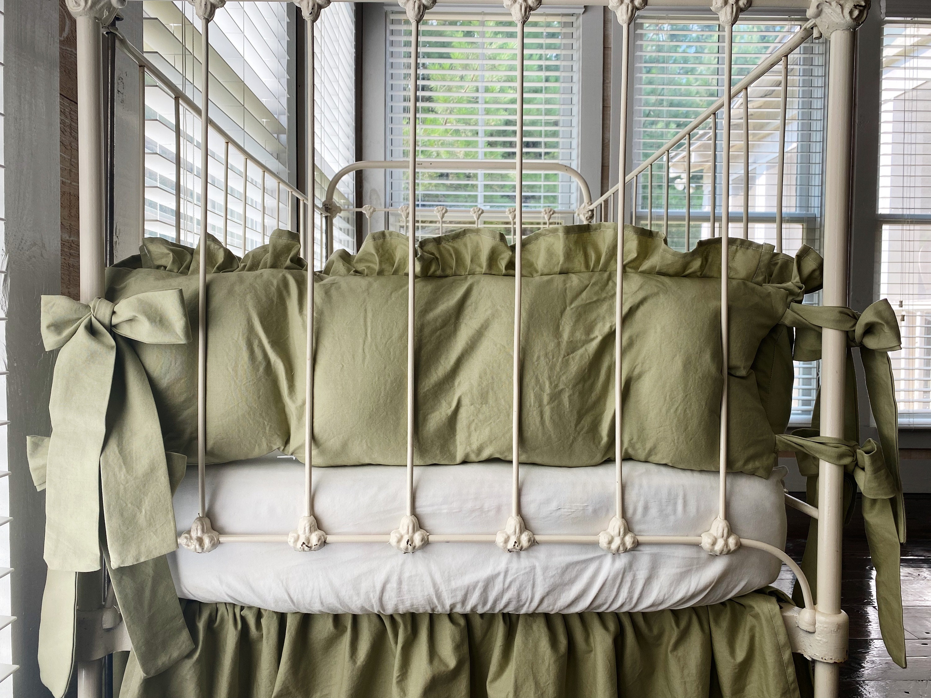 Sage Green Farmhouse Ruffled Crib Bumpers Sage Crib Bedding Etsy