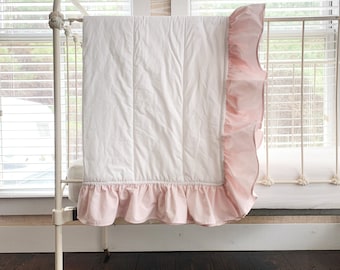 Handmade Ruffle Crib Quilt: White & Baby Pink Washed Cotton