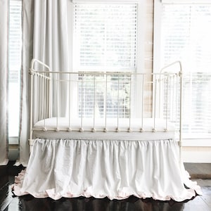 White & Pink Ruffle Crib Skirt: Handmade Cotton Nursery Bedding