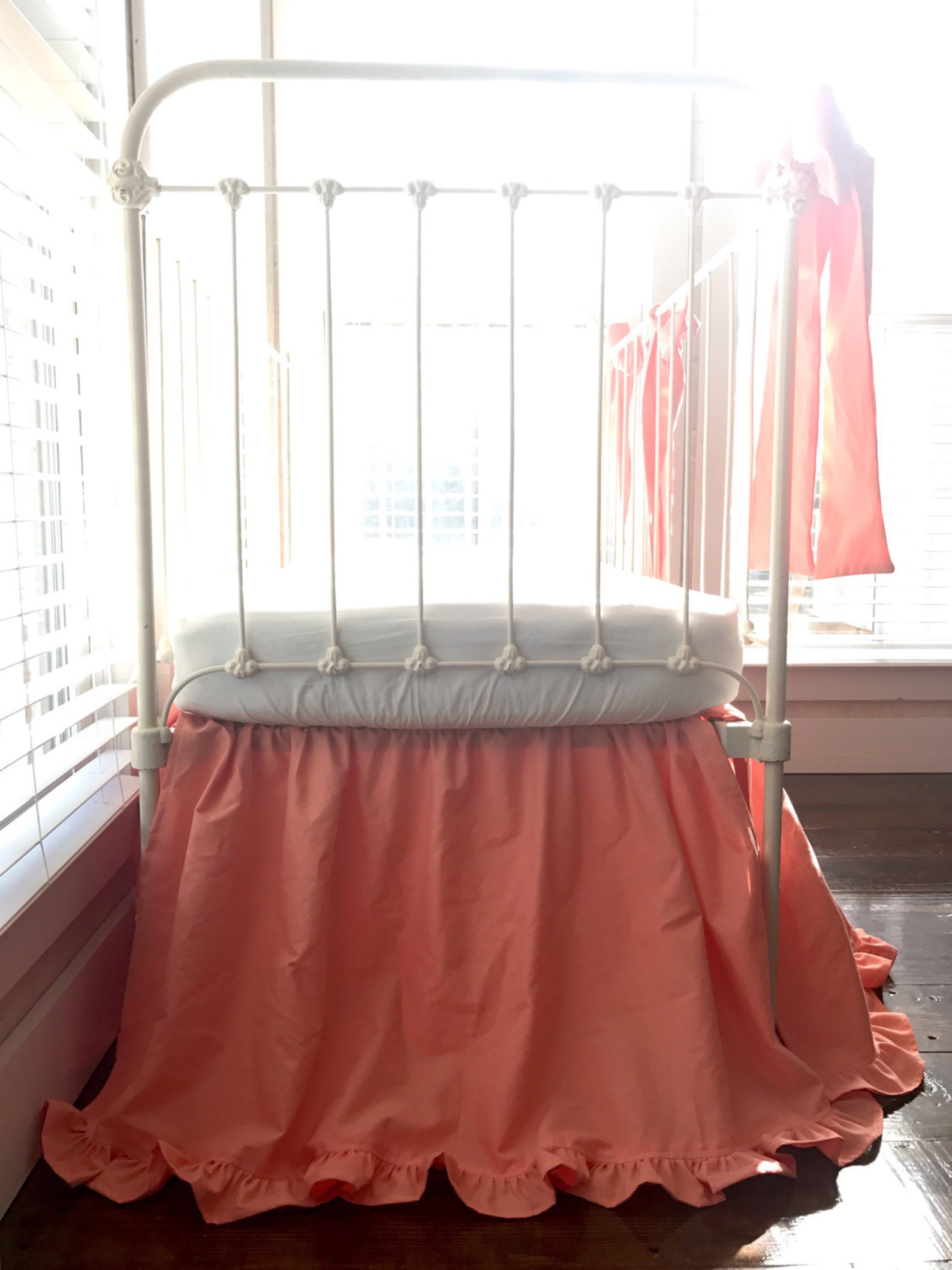 Coral Ruffled Baby Bedding Set, Girl Crib Skirt, Large Crib Bows