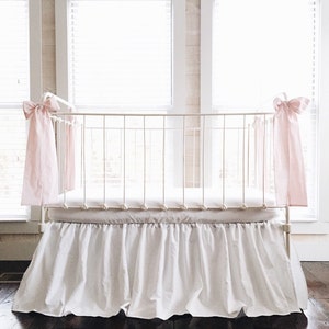 Handmade Farmhouse Crib Bedding Set: White Skirt & Pink Bows