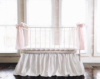 Baby Girl Bedding Set, White Crib Skirt and Pink Crib Bows, Girl Nursery Bedding