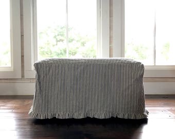 Navy Stripe Ticking Ottoman Slipcover: Farmhouse Ruffled Cotton Cover