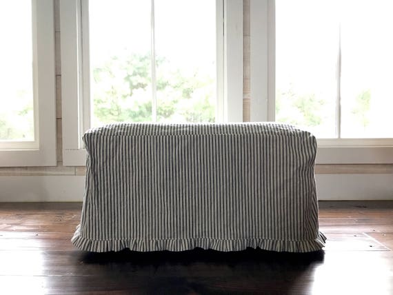 Navy Stripe Ticking Ottoman Slipcover: Farmhouse Ruffled Cotton Cover