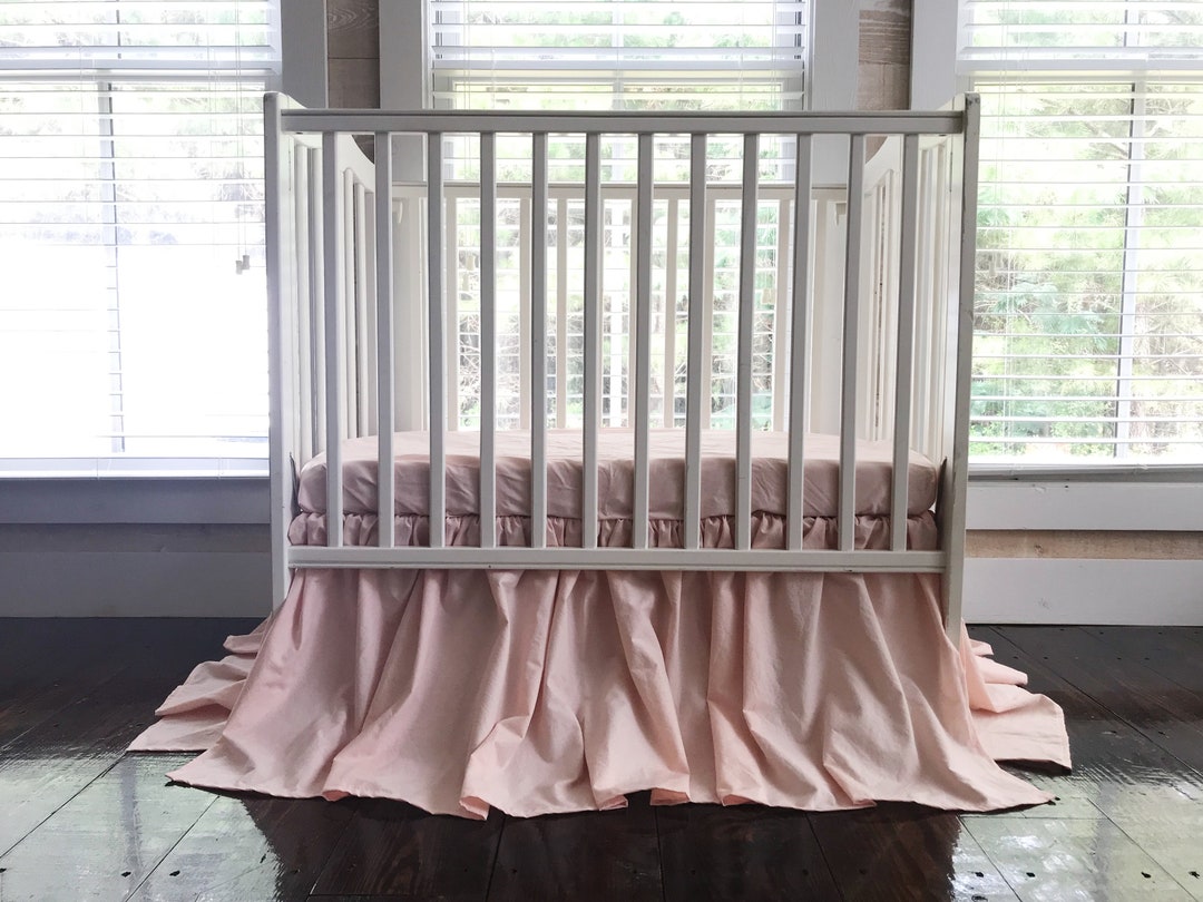 Girl Mini Crib Skirt, Pink Farmhouse Baby Bed Skirt, Girl Nursery