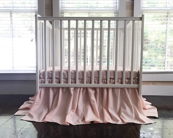 Girl Mini Crib Skirt, Pink Farmhouse Baby Bed Skirt, Girl Nursery Bedding