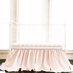 Handmade Ruffled Crib Skirt: Baby Pink Washed Cotton, 22&quot; Drop