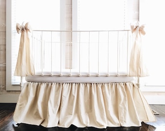 Natural Farmhouse Baby Crib Bedding Set Boy Girl, Neutral Crib Skirt, Large Crib Bows, Nursery Bedding Set