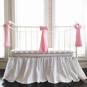 Handmade Farmhouse Crib Bedding Set: White Cotton Skirt, Pink Bows