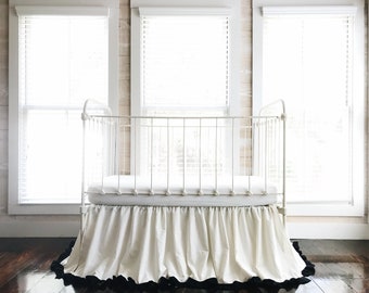 Ivory and Black Ruffled Crib Skirt for Boy or Girl, Long Baby Bed Skirt, Crib Dust Ruffle, Neutral Baby Bedding, Neutral Crib Bedding